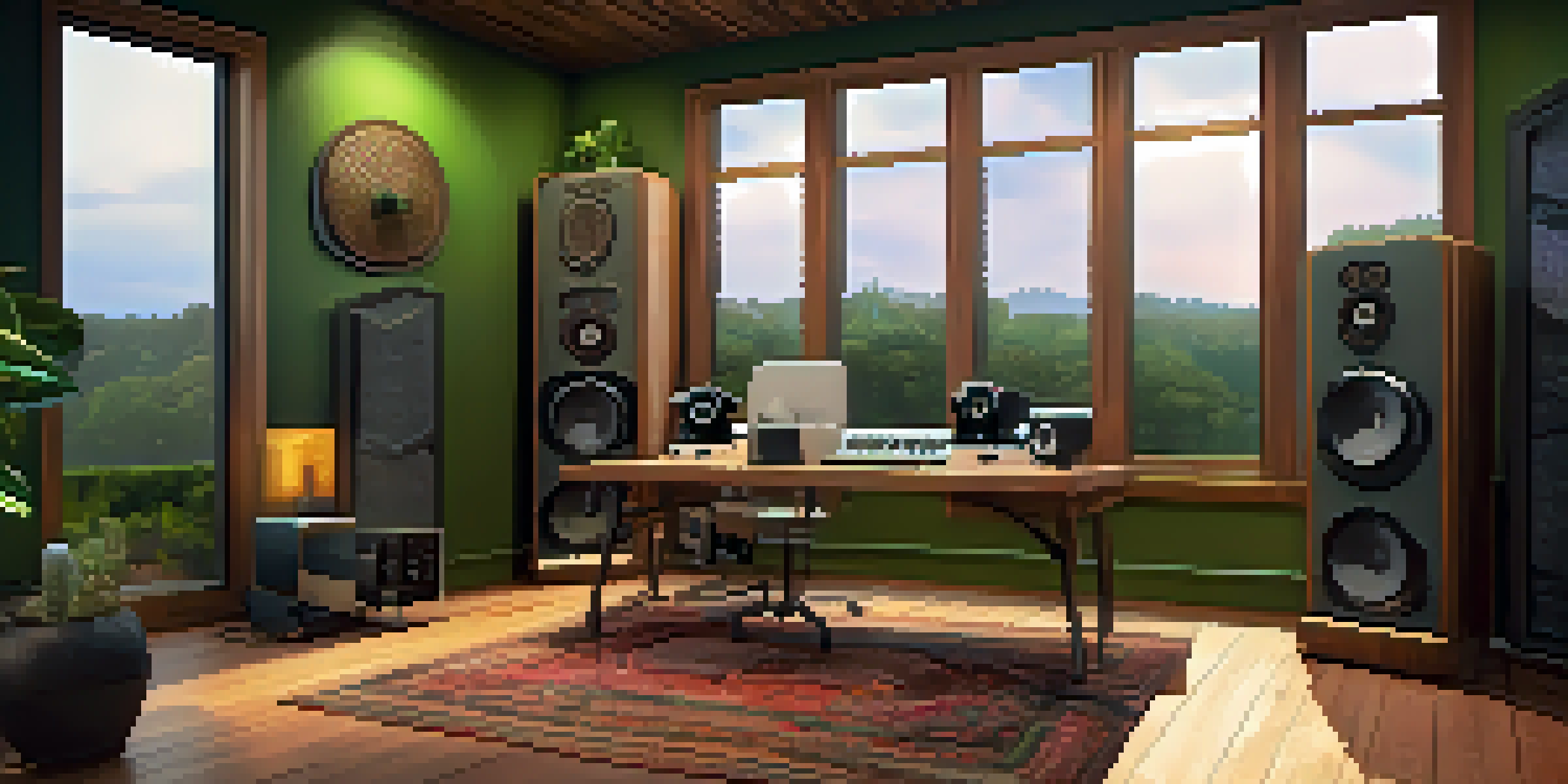A cozy podcasting studio featuring a vintage microphone, sound equipment, and artistic decor under warm lighting, with a view of a green landscape outside.