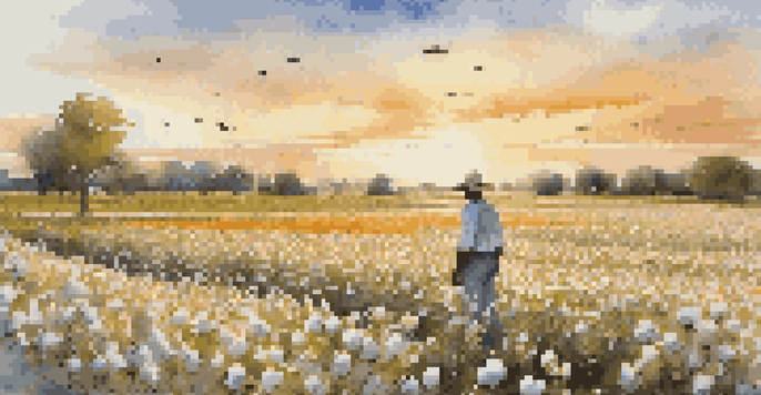 A cotton field with blooming cotton plants and pollinators, a farmer inspecting the plants at sunset.
