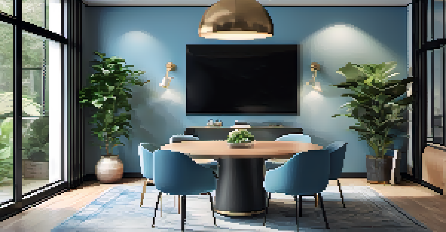 A creative luxury home office with a round conference table, stylish chairs, soft blue walls, and inspiring art, filled with indoor plants.