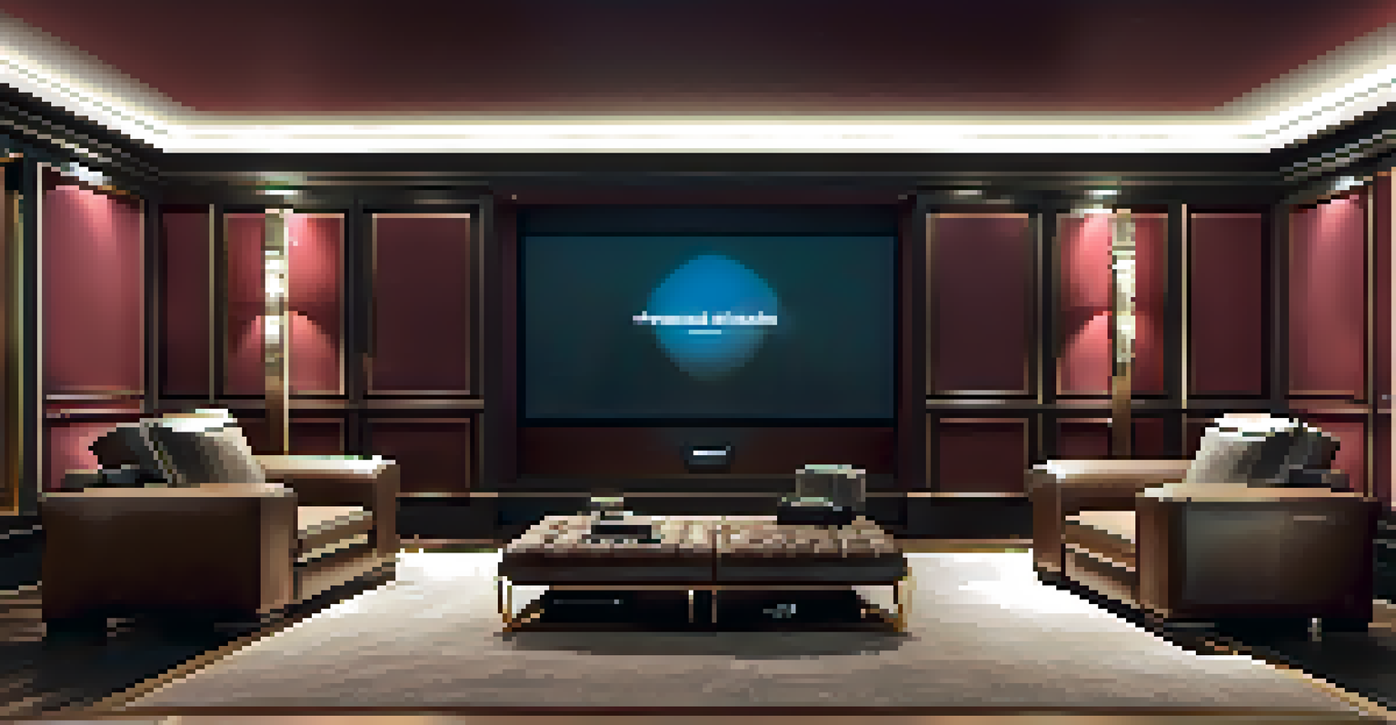 A luxurious home theater setup with an advanced audio system and plush seating in a dimly lit room.