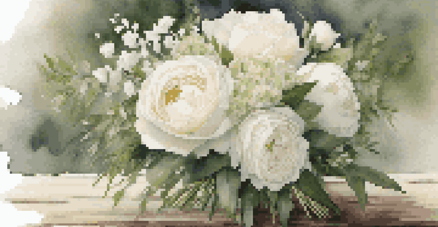A close-up of a wedding bouquet featuring white roses and peonies on a wooden surface.