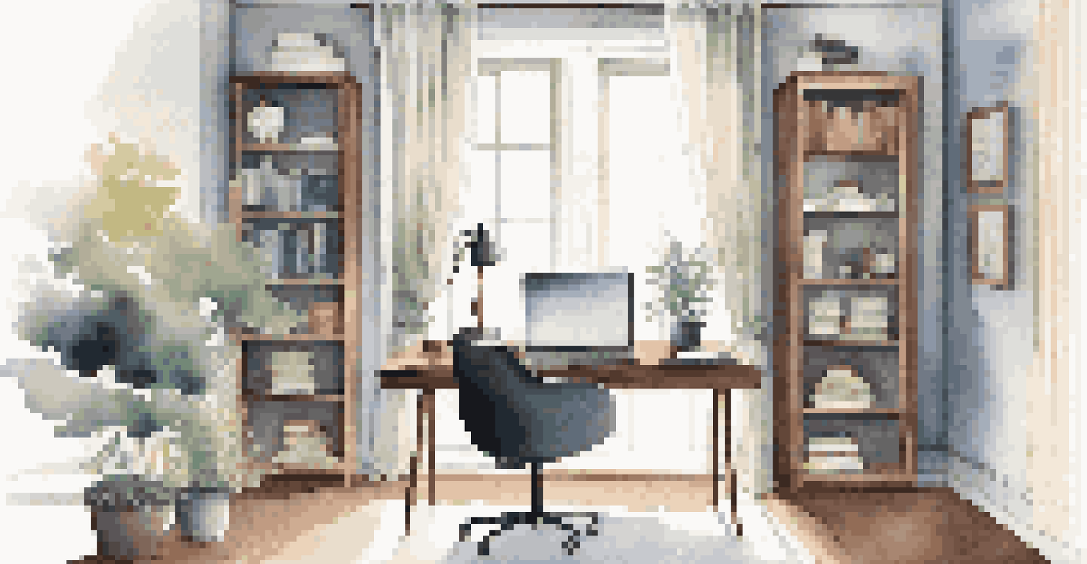 A minimalist home office with a sleek desk, a laptop, and essential stationery, bathed in soft daylight from a large window, complemented by a bookshelf and a stylish globe.