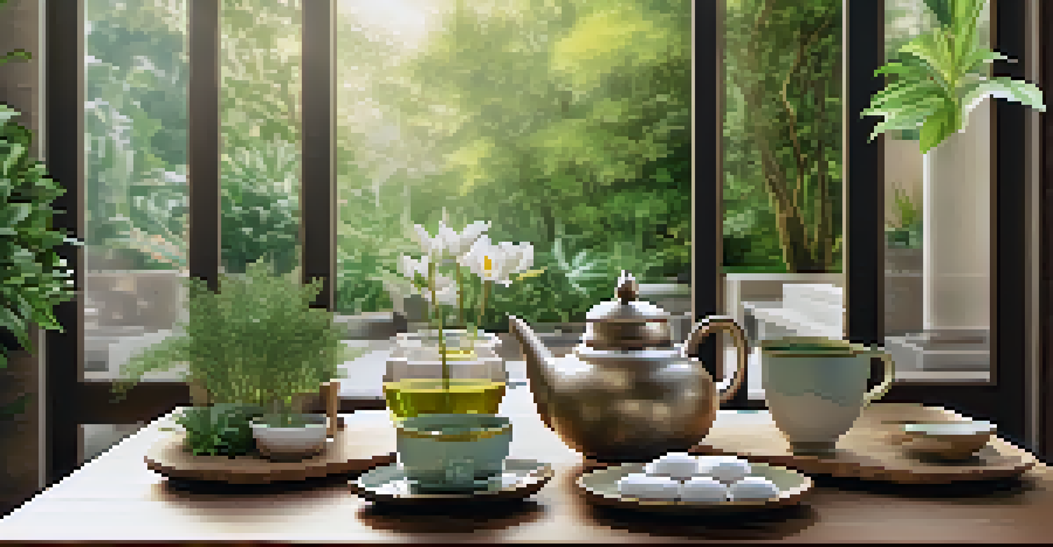 A tranquil spa area with herbal tea served on a wooden table surrounded by greenery and soft textiles.
