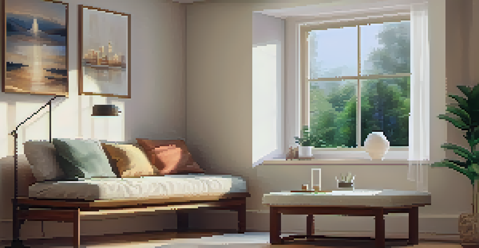 A cozy home meditation space with cushions, warm lighting, and essential oils.