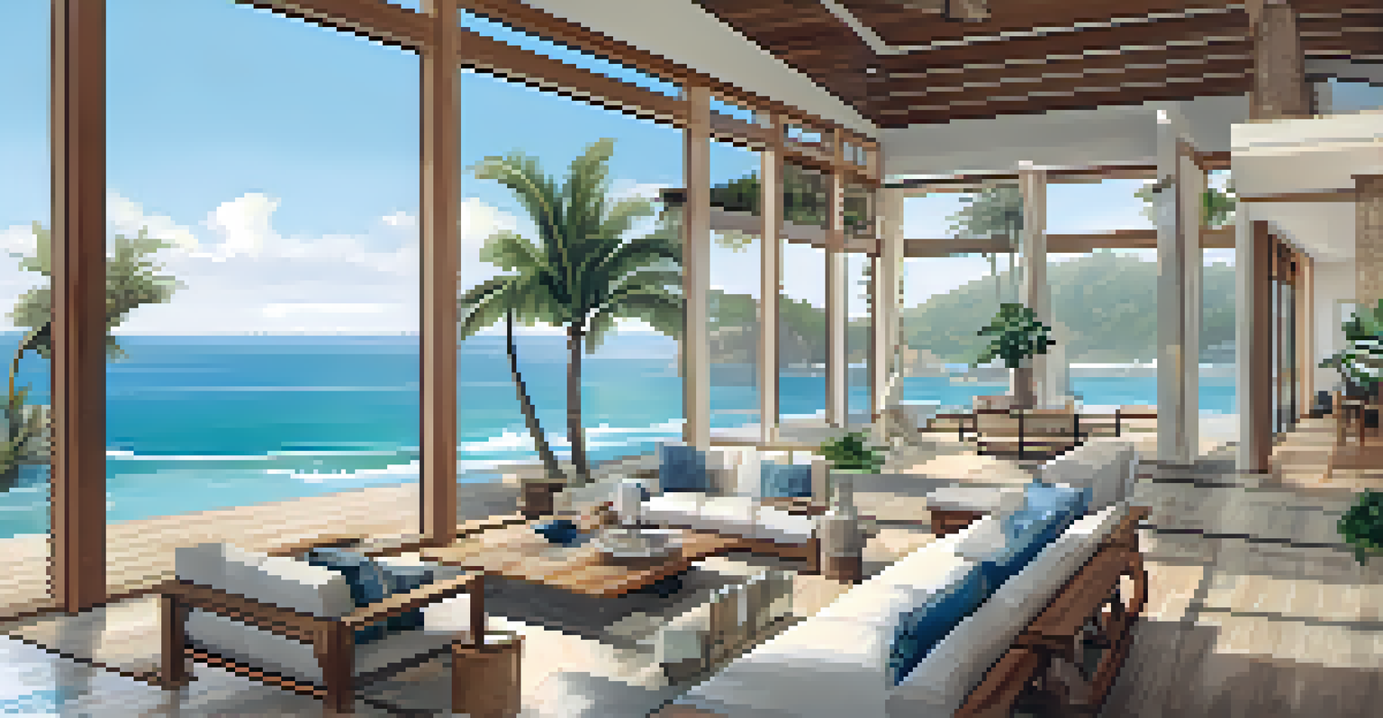 A coastal beach house featuring large windows, an infinity pool, and tropical design elements, perfect for relaxation.