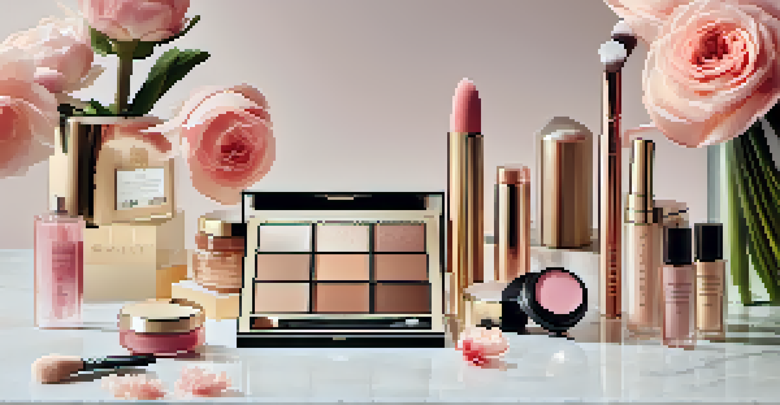 A flat lay of luxury beauty products on a marble countertop, including Fenty Beauty items and fresh flowers, with soft, diffused lighting enhancing the textures.