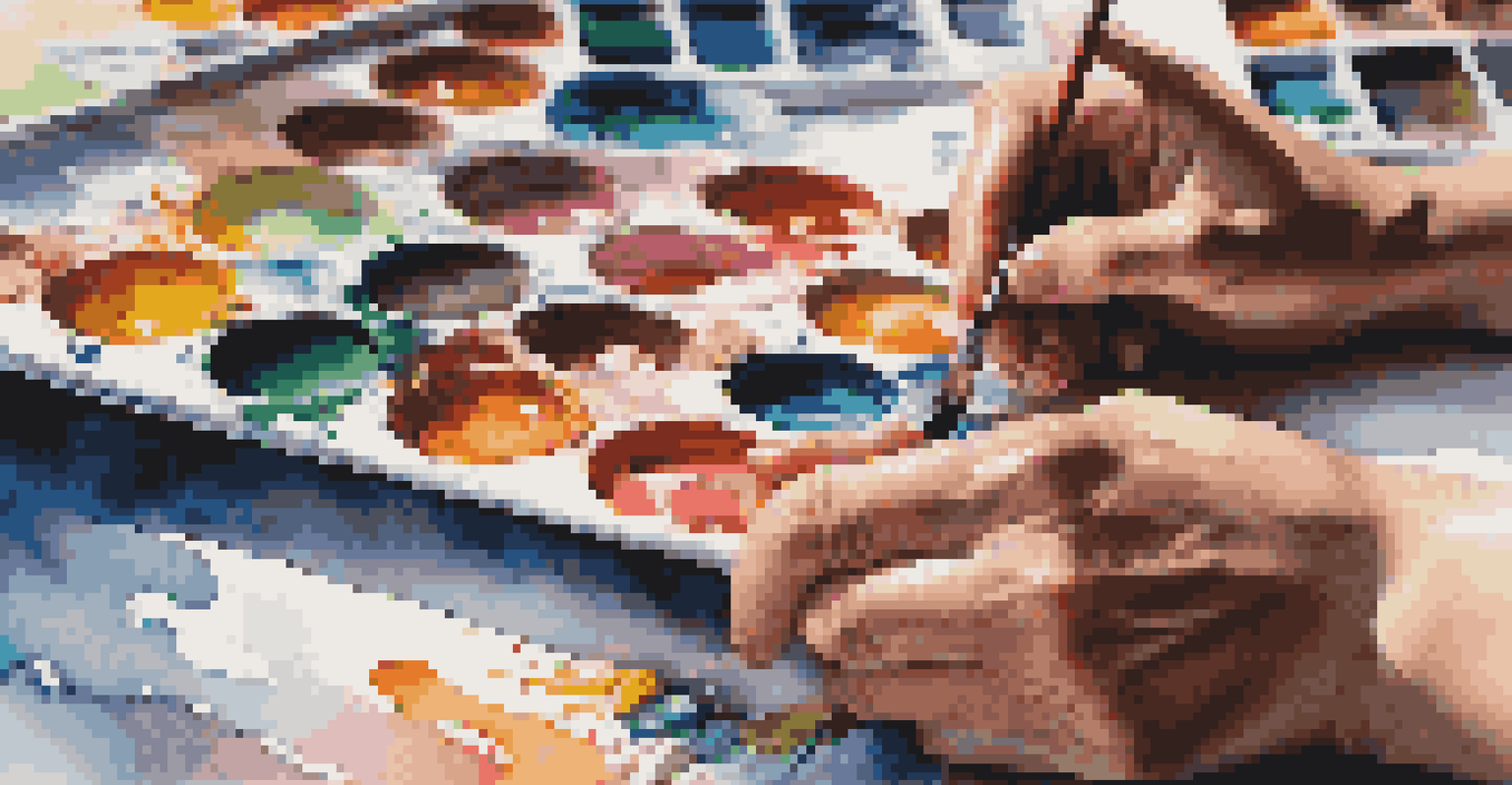 Close-up of an artist's hands painting on a canvas, surrounded by colorful art supplies in a well-lit workspace.
