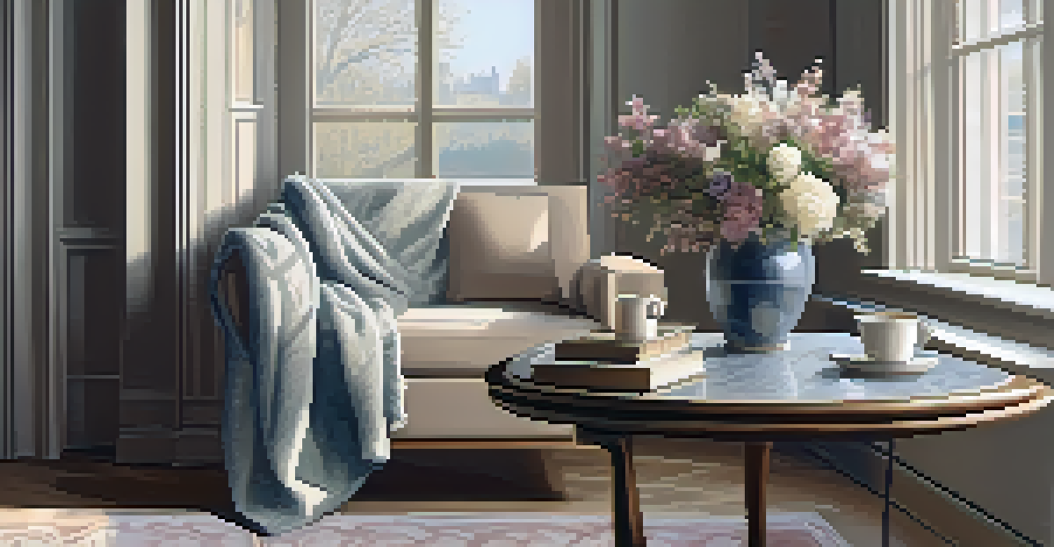 Cozy living room corner with a plush armchair, marble coffee table, and natural light.