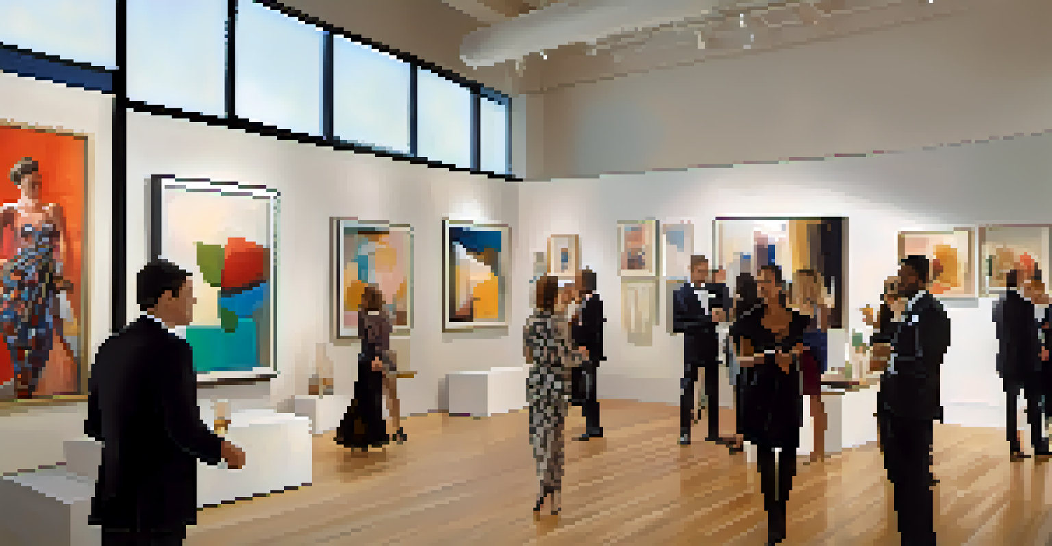 A private art gallery event with guests interacting and contemporary art on display.