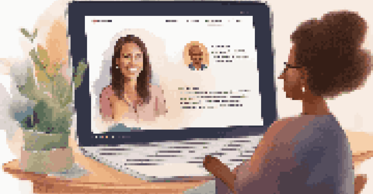 A laptop showing a virtual coaching session between a life coach and a client, with motivational decor in the background.