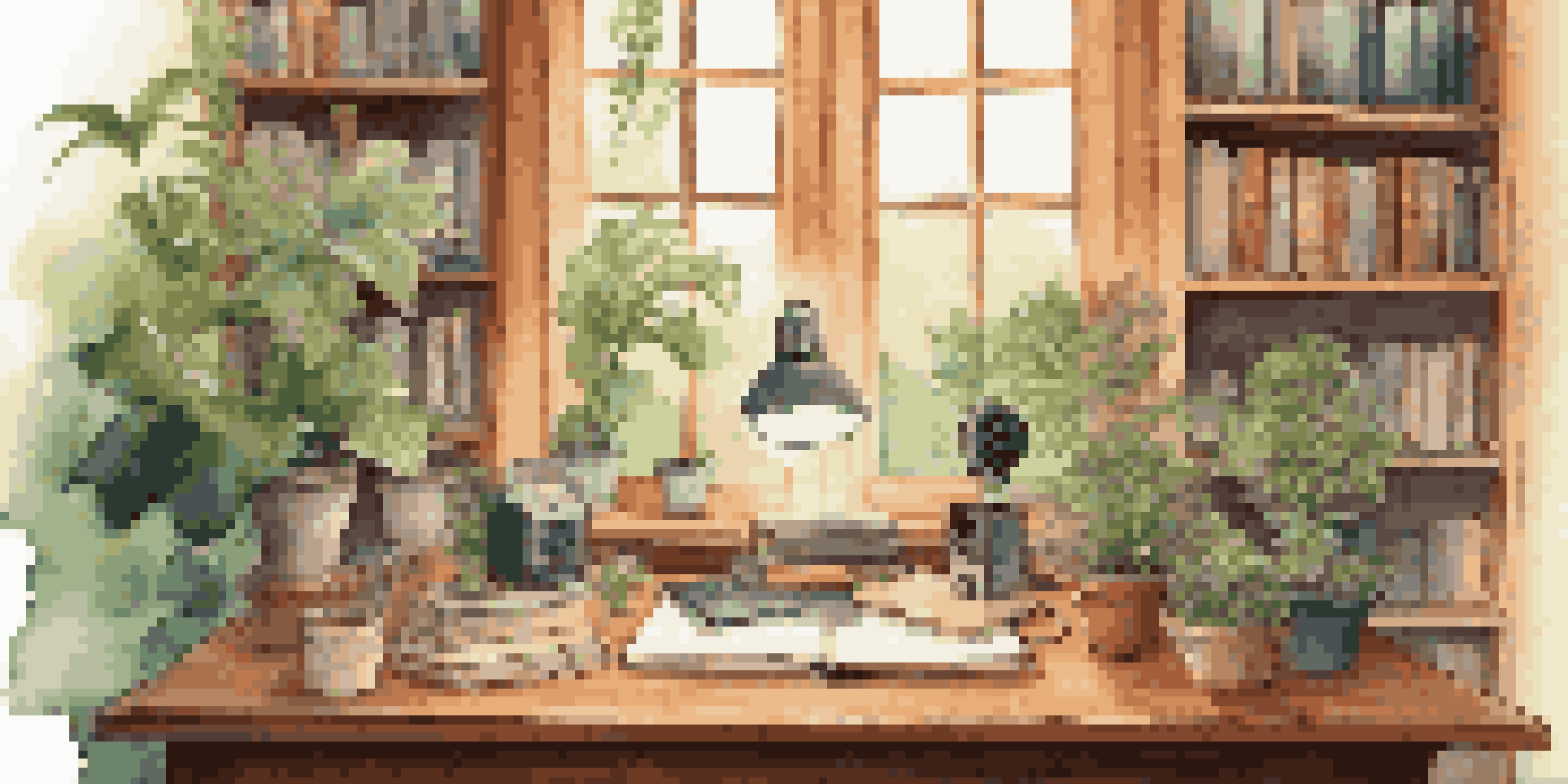 A cozy podcasting setup with a vintage microphone, tea, and plants, highlighting a warm and inviting atmosphere.