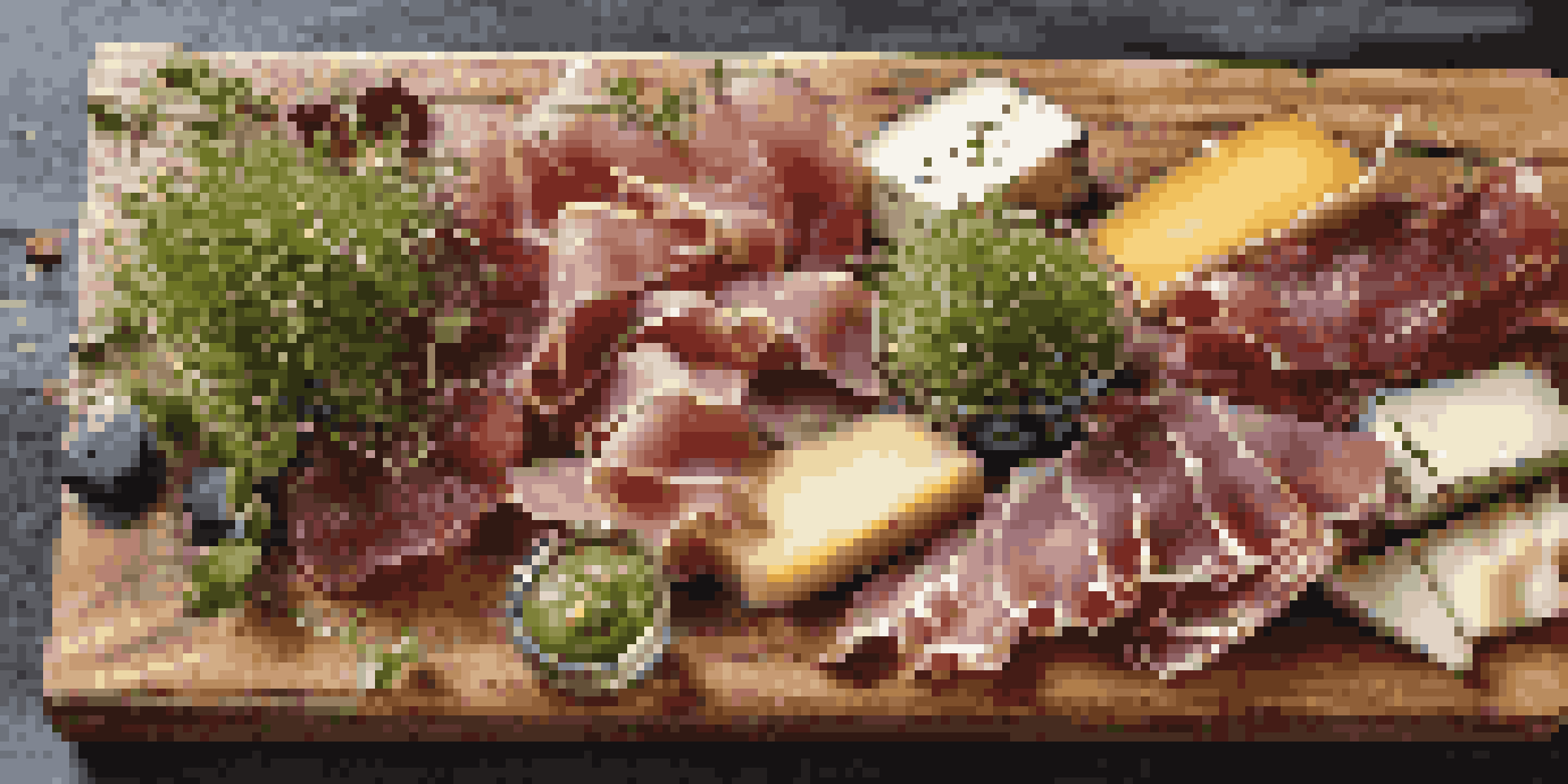 A luxurious appetizer platter with gourmet cheeses, prosciutto, microgreens, and pickles on a wooden board.