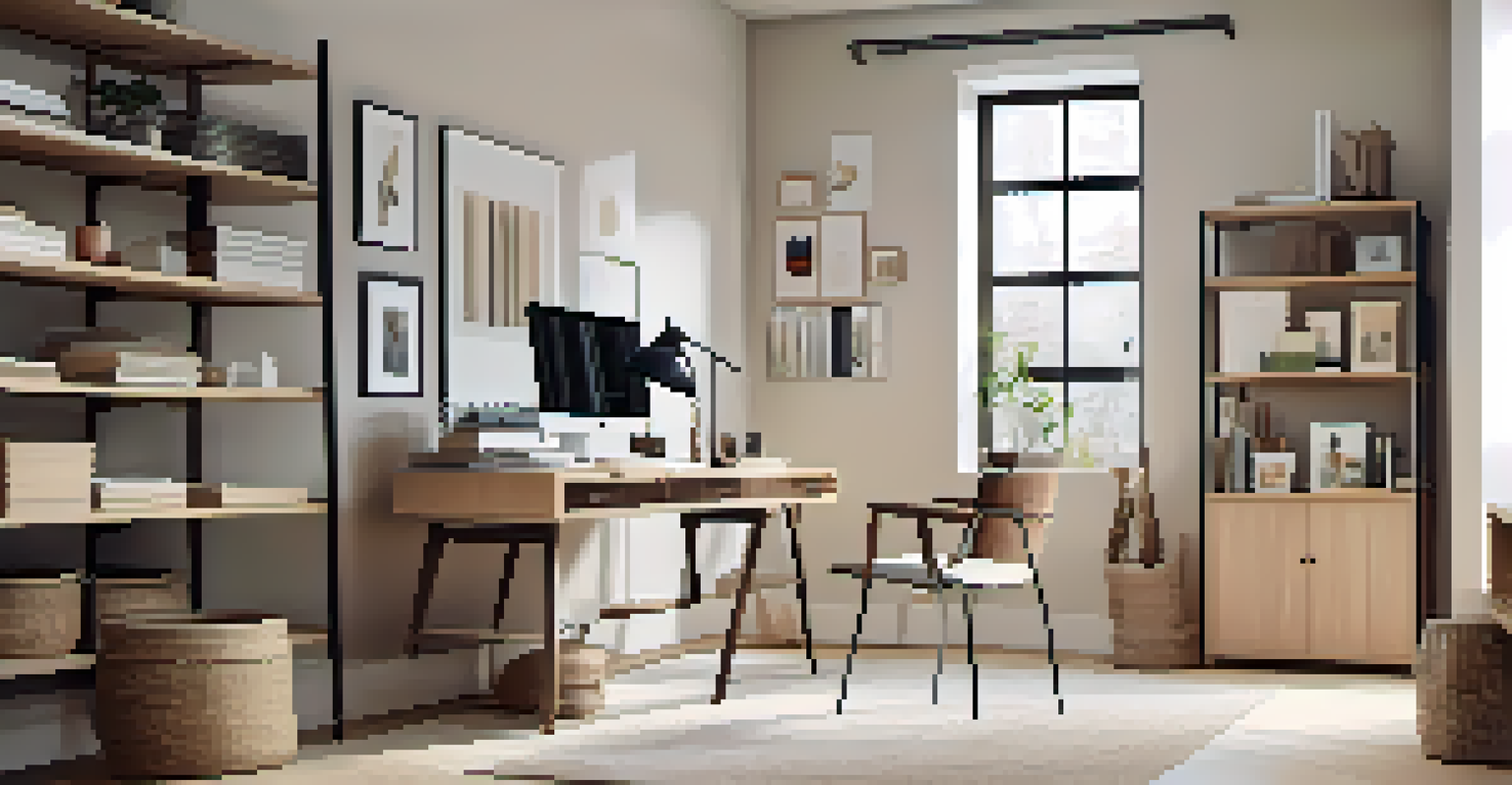 A minimalist home office featuring an organized desk with books and decorative items, bright natural lighting, and a comfortable chair.
