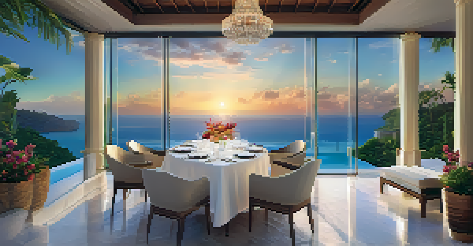 A luxury villa with an infinity pool overlooking the ocean at sunset, surrounded by lush gardens and a dining setup on the terrace.