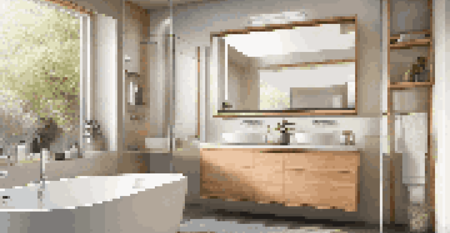 A contemporary bathroom with smart technology, bamboo accents, and a skylight.