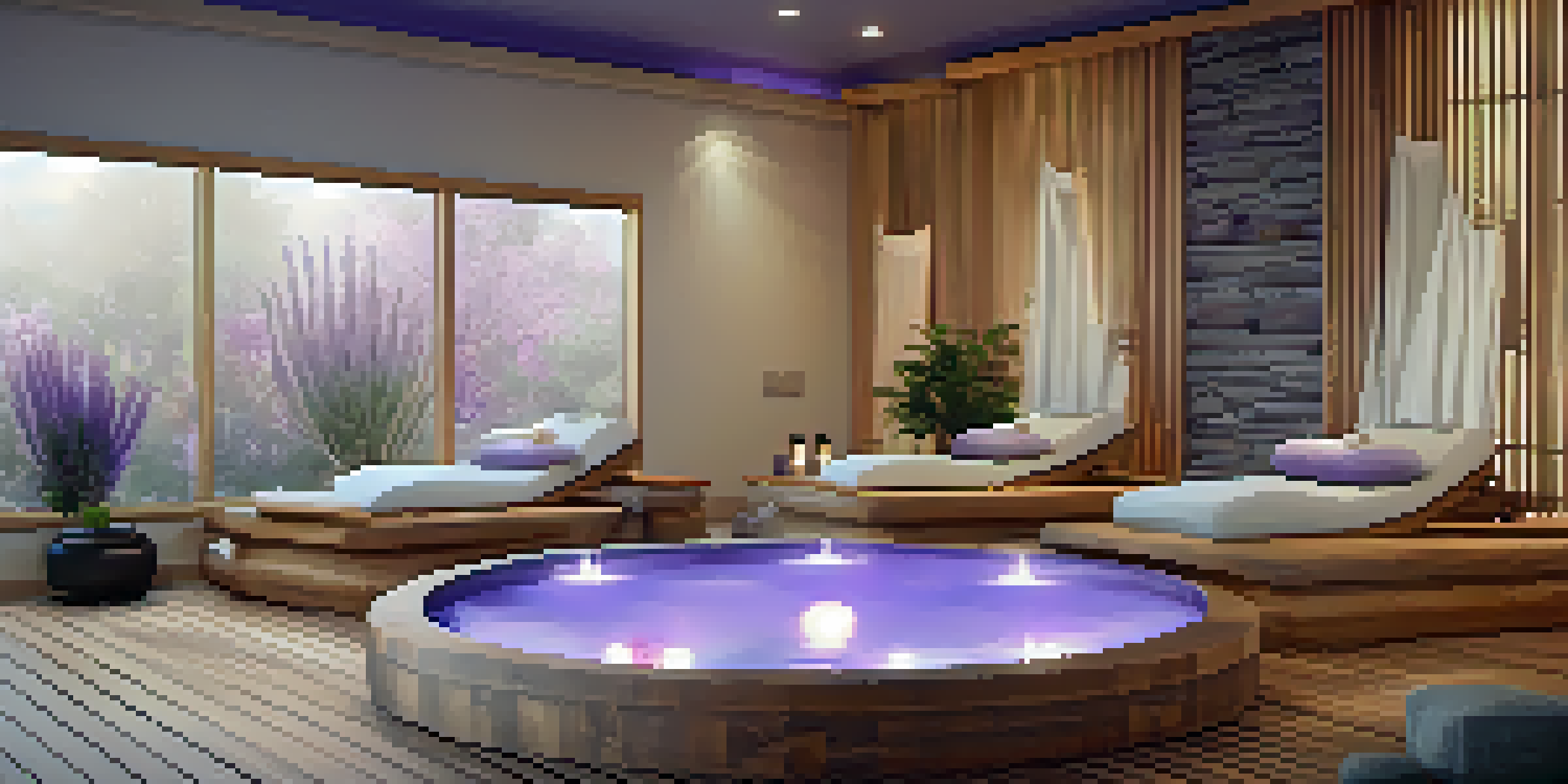A tranquil spa setting with soft lighting, essential oil diffusers, and lavender plants, designed for relaxation.