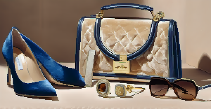 A flat lay of luxury fashion items, including a designer handbag, sunglasses, and heels on a velvet background with warm lighting.