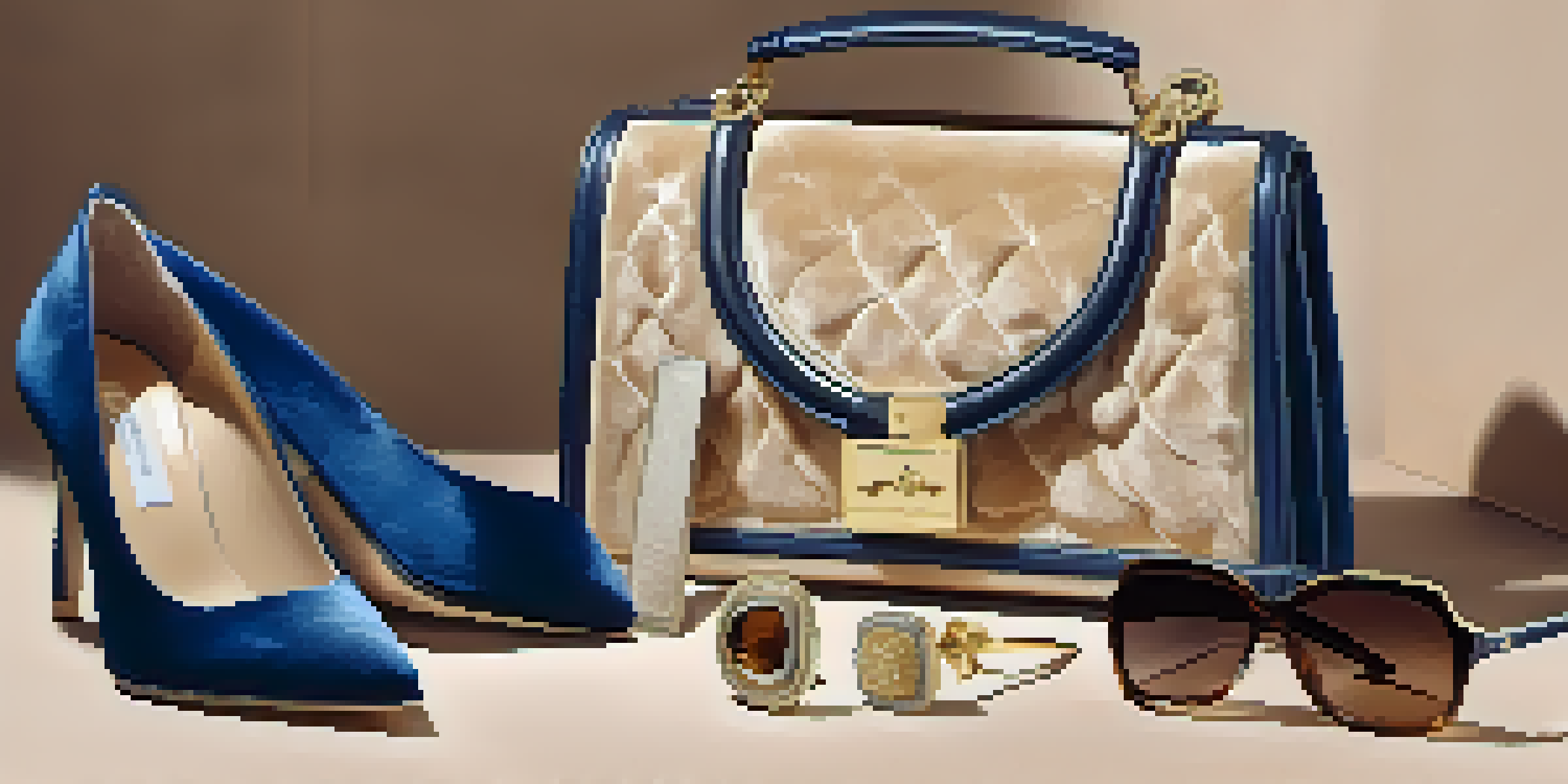 A flat lay of luxury fashion items, including a designer handbag, sunglasses, and heels on a velvet background with warm lighting.