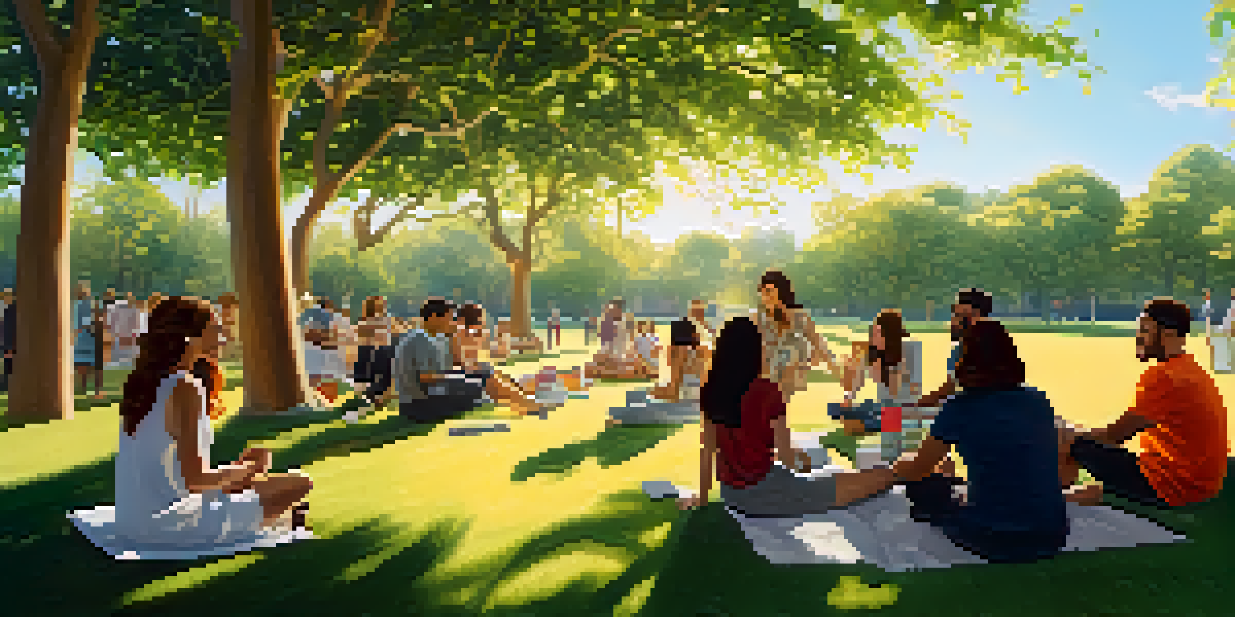 A diverse group of influencers demonstrating a beauty product in a sunny park surrounded by greenery.