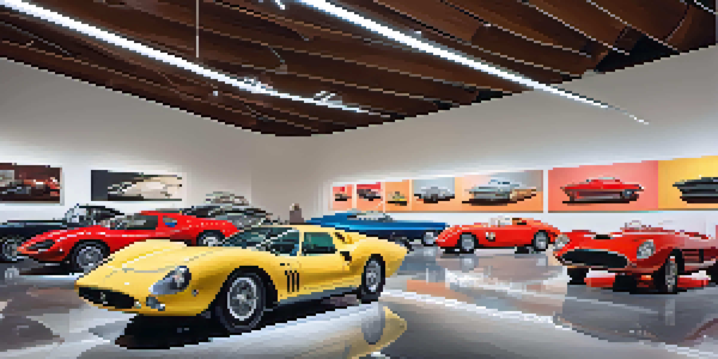 An interior view of Petersen Automotive Museum featuring luxury cars, including a classic Ferrari and modern Bugattis, under vibrant lighting.