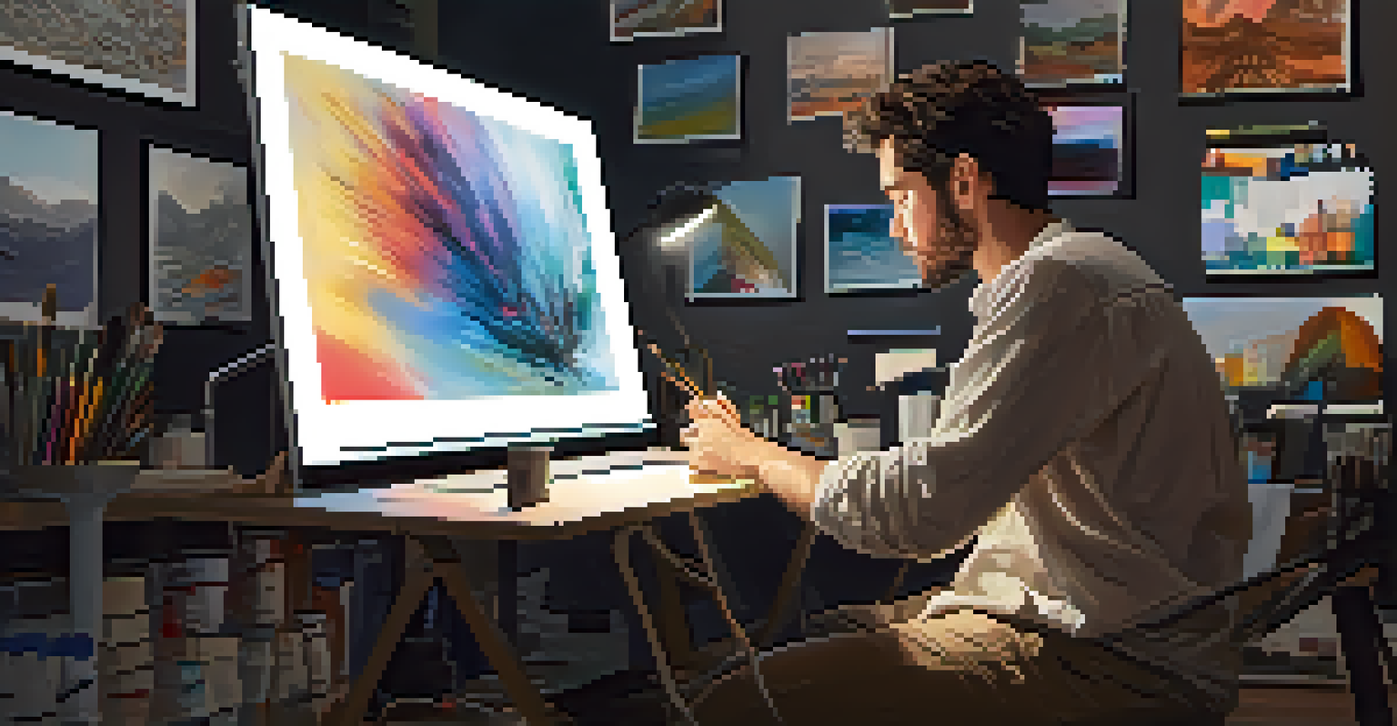 An artist at a workstation creating a digital painting, surrounded by creative tools and a warm lamp light.