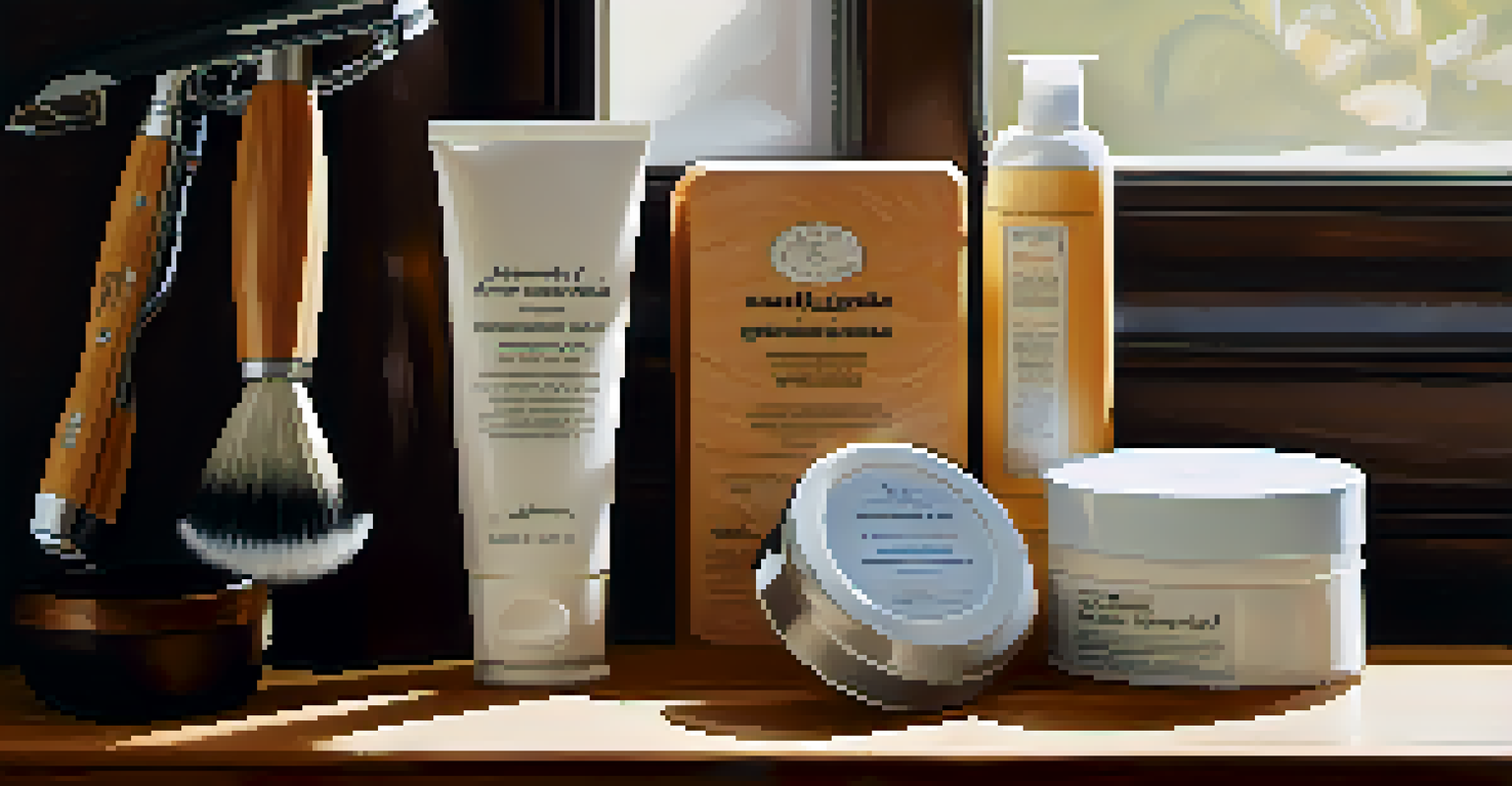 An arrangement of eco-friendly grooming products including refillable razors and natural shaving creams on a wooden surface, bathed in soft natural light.