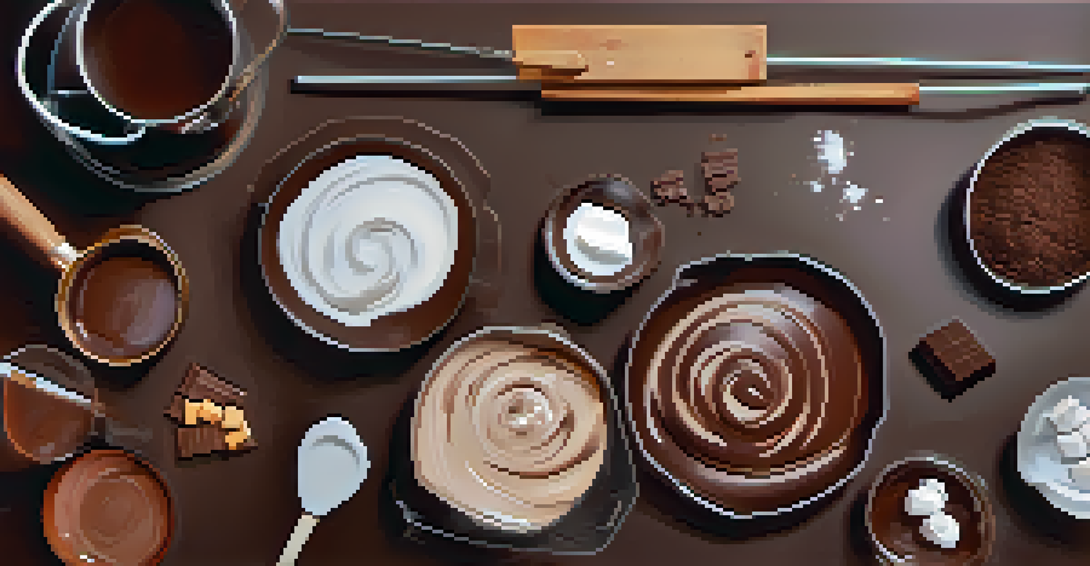 A chocolatier's workspace with melted chocolate on a marble slab, a thermometer, and spatula.