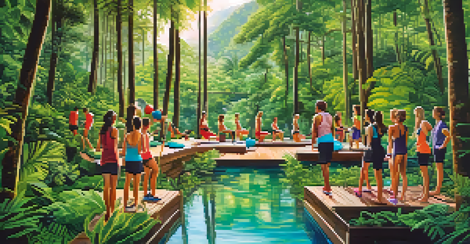 A collage showing different activities at a luxury fitness retreat, including nutrition consultations, spa treatments, and hiking.