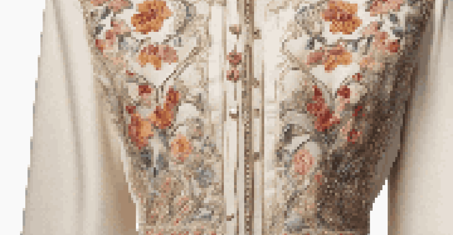 A detailed close-up of a vintage outfit with intricate embroidery, showcasing the texture of sustainable fabric under soft lighting.