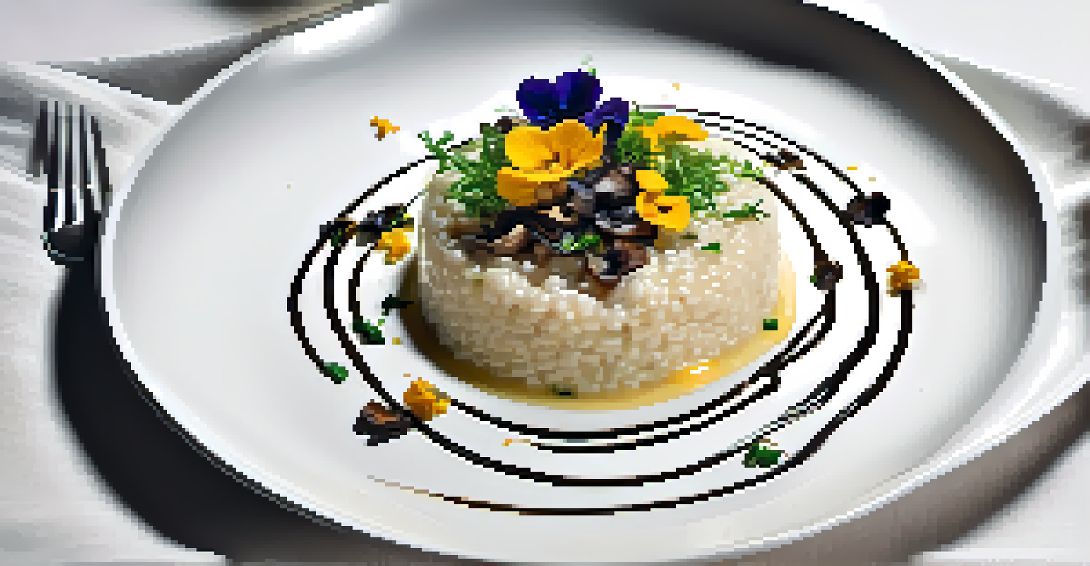 A modern risotto dish with wild mushrooms and truffle oil on a white plate.