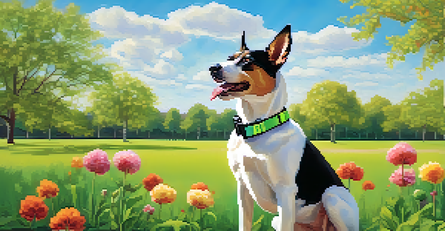 A happy dog playing in a park while wearing a stylish smart collar with a GPS device.