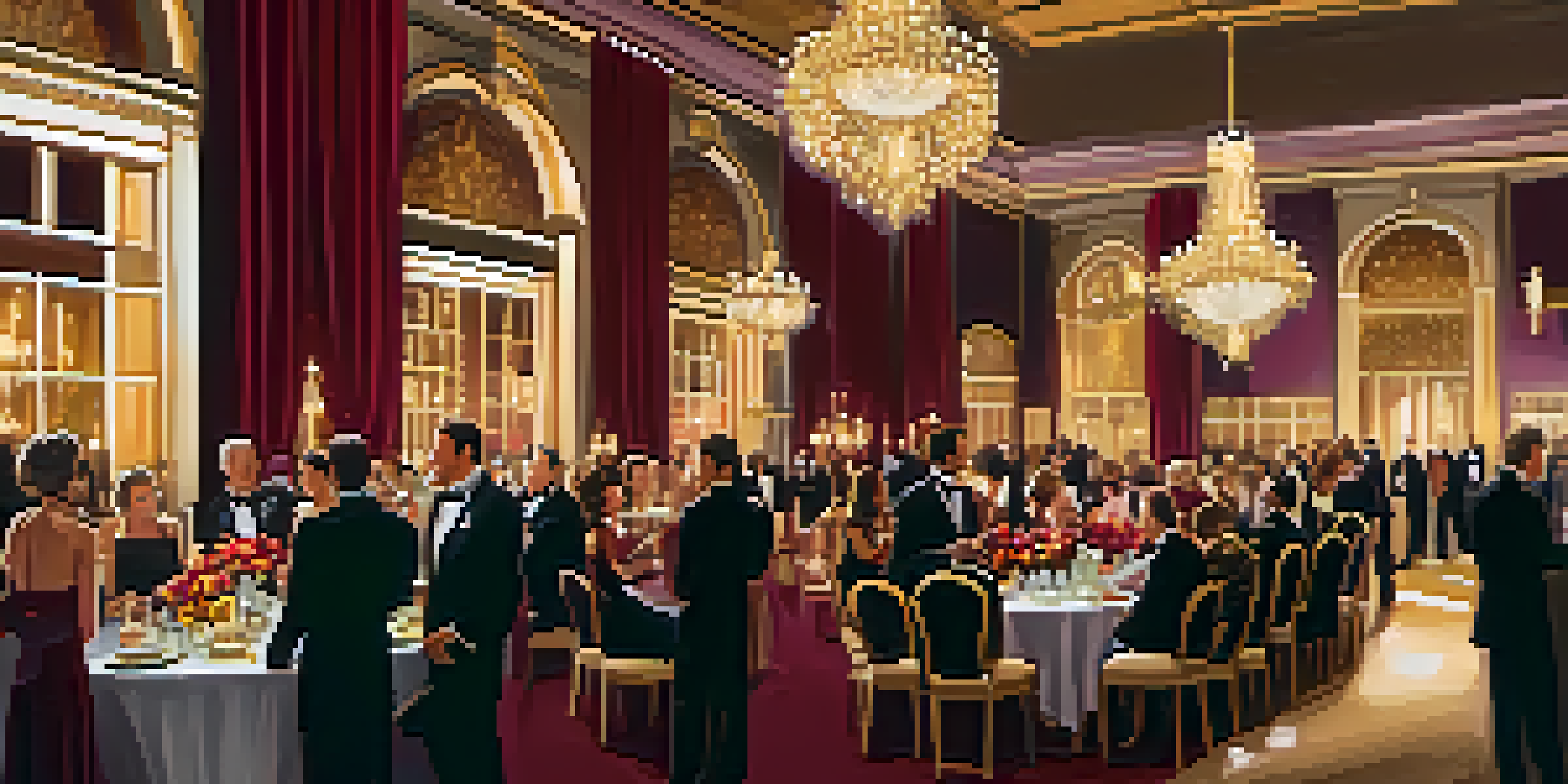 A luxurious charity gala with elegantly dressed guests and a live band, showcasing a beautifully decorated venue with flowers and candles.