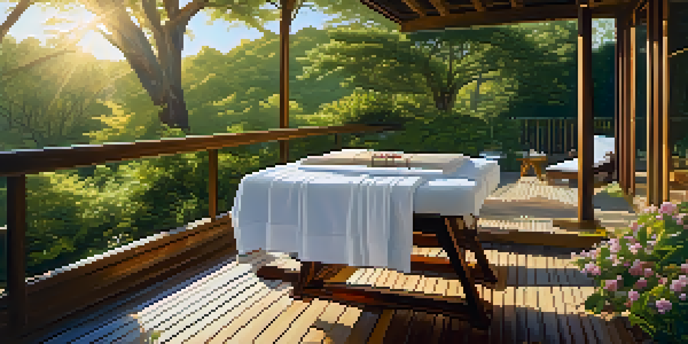 A peaceful outdoor spa setting surrounded by greenery and flowers, with a massage area and gentle sunlight filtering through the trees.