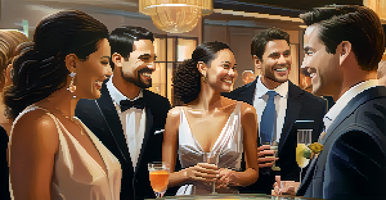 A group of professionals smiling and discussing at a cocktail party, holding drinks, with a stylish bar and ambient lighting in the background.