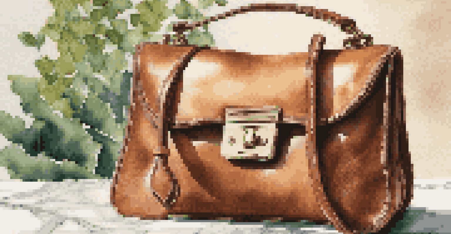 A close-up of a beautifully crafted leather handbag on a marble surface, showcasing its texture and design.