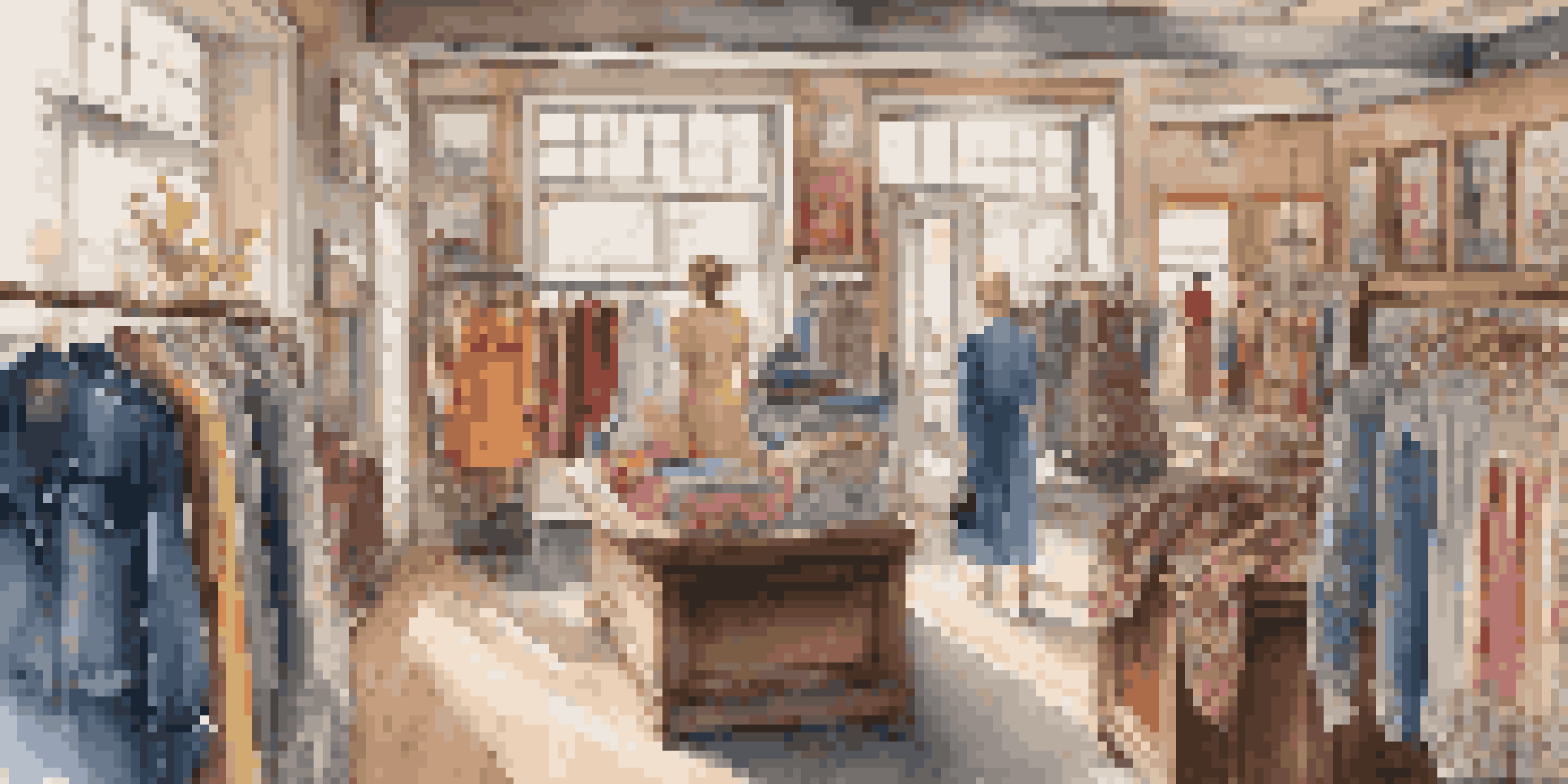 A vintage clothing store with colorful garments and soft natural light, showcasing a variety of fabrics and customers browsing.