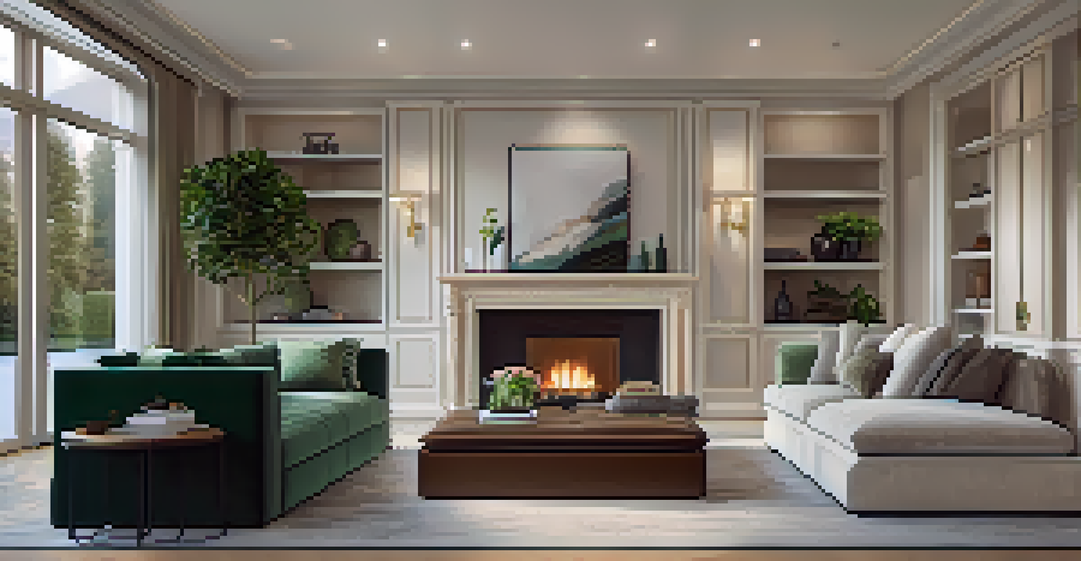 A stylish and cozy living room in a luxury home with plush furniture and a fireplace.