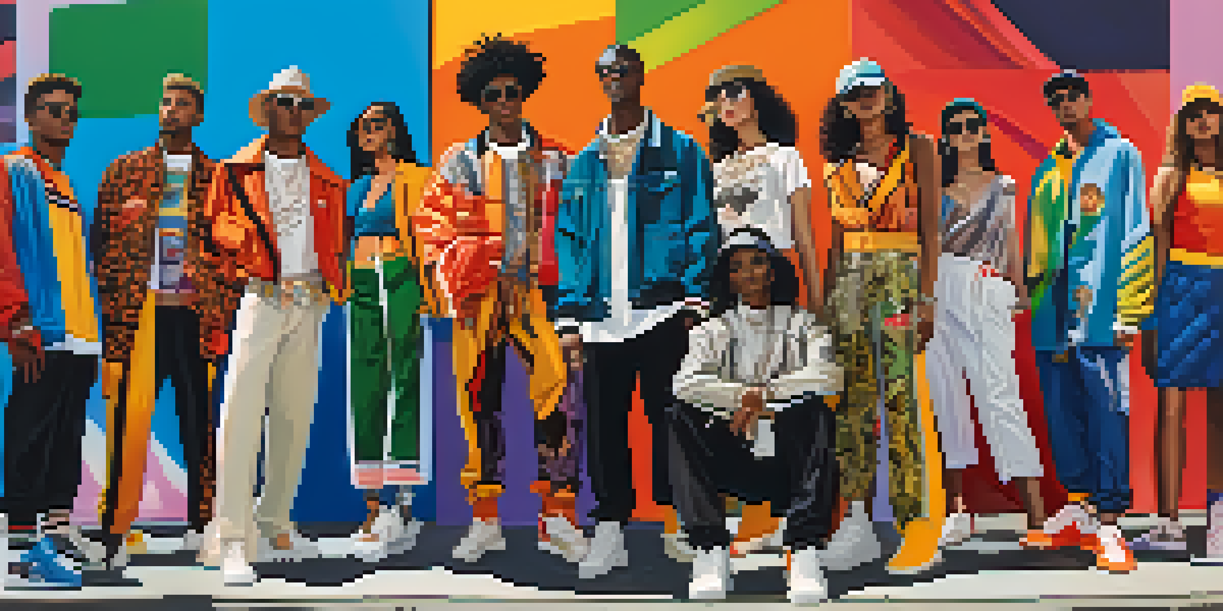 A diverse group of people in unique street fashion outfits against a colorful urban backdrop.