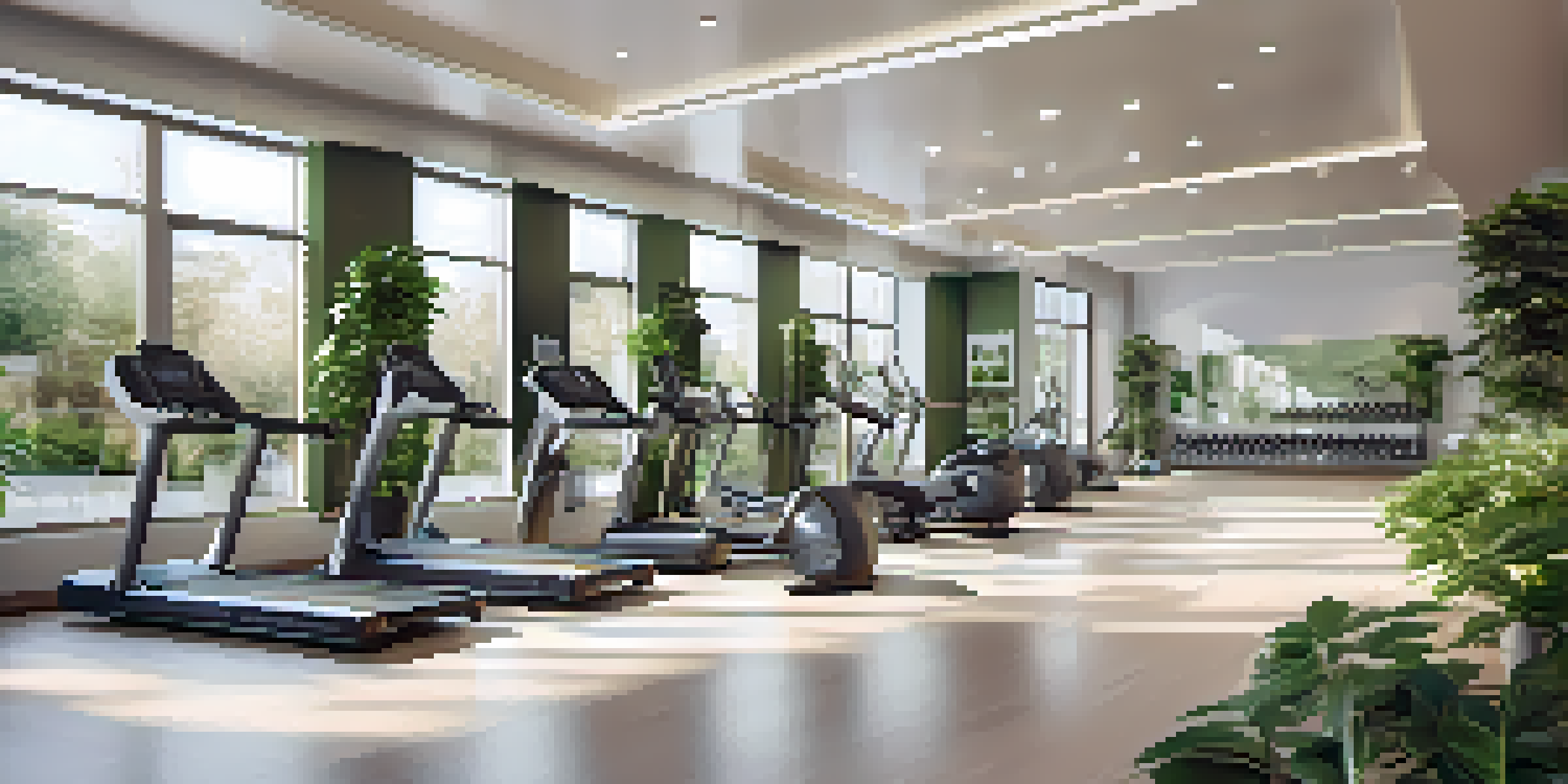 A bright and eco-friendly luxury fitness center with natural light, green plants, and members exercising on sustainable equipment.