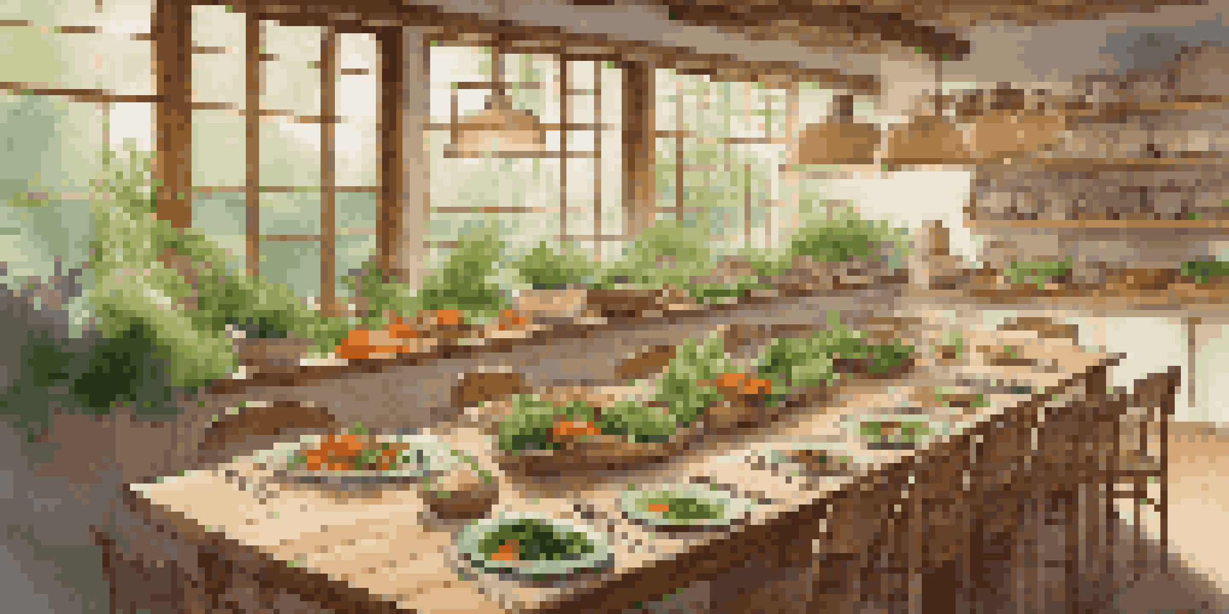 A dining table set for an eco-friendly cooking class with fresh vegetables, bamboo plates, and a chef demonstrating cooking techniques.