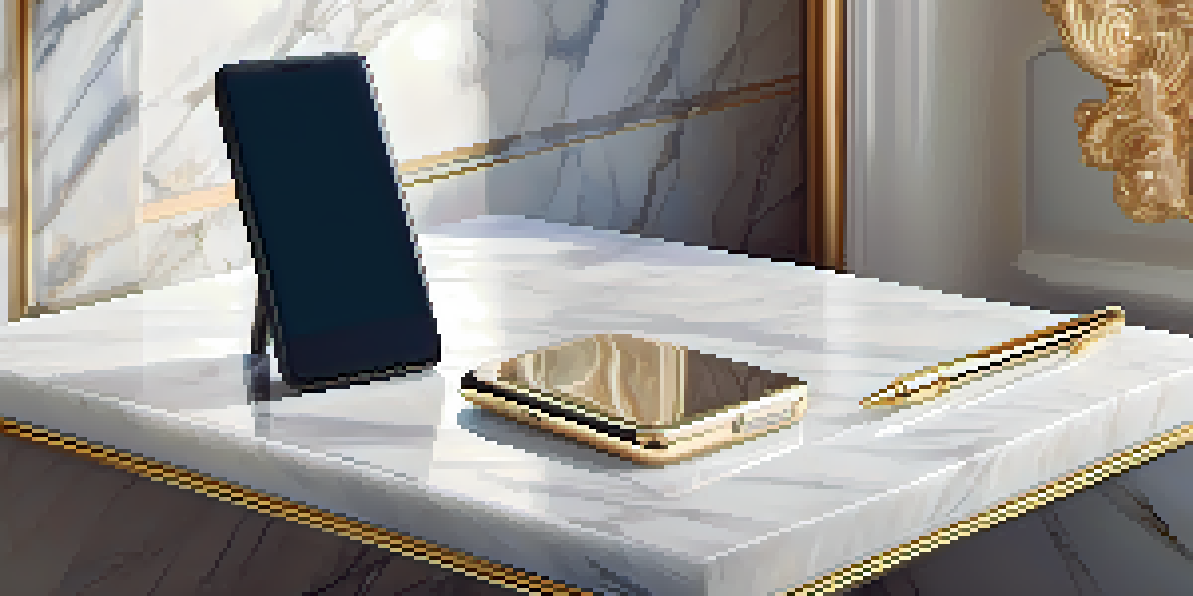 A luxurious smartphone on a marble surface with elegant accessories, illuminated by soft natural light.