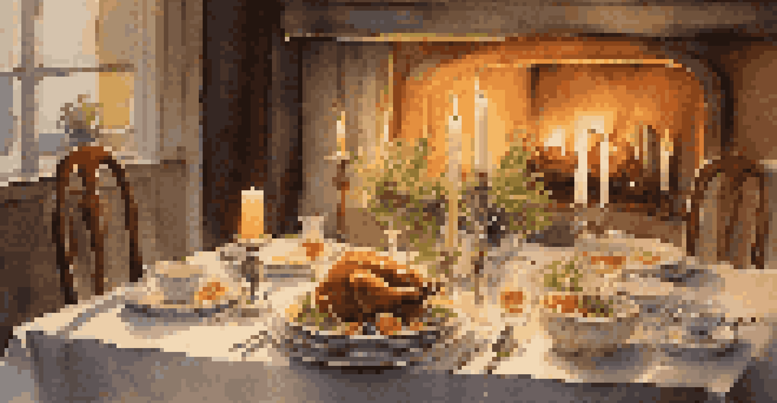 A candlelit dinner table with fine china and a gourmet meal, creating a warm and romantic ambiance.