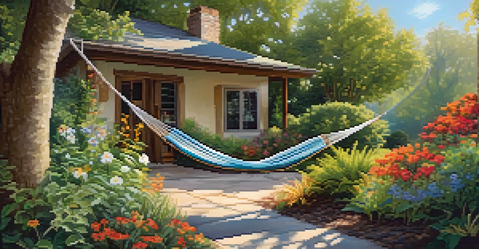 A garden retreat with a winding pathway, colorful native plants, and a hammock between trees, bathed in bright sunlight with butterflies in the scene.