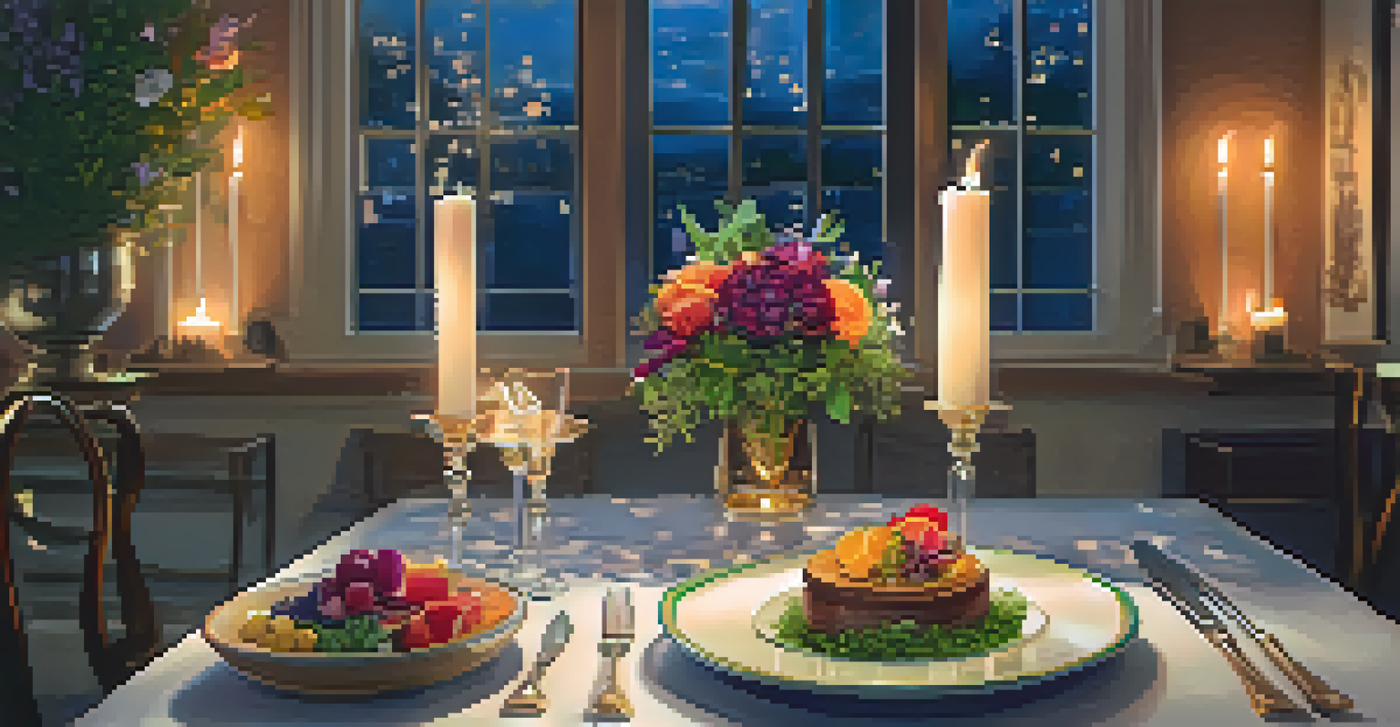 An elegantly plated gourmet dish on a stylish table with candlelight, showcasing vibrant colors and garnishes.