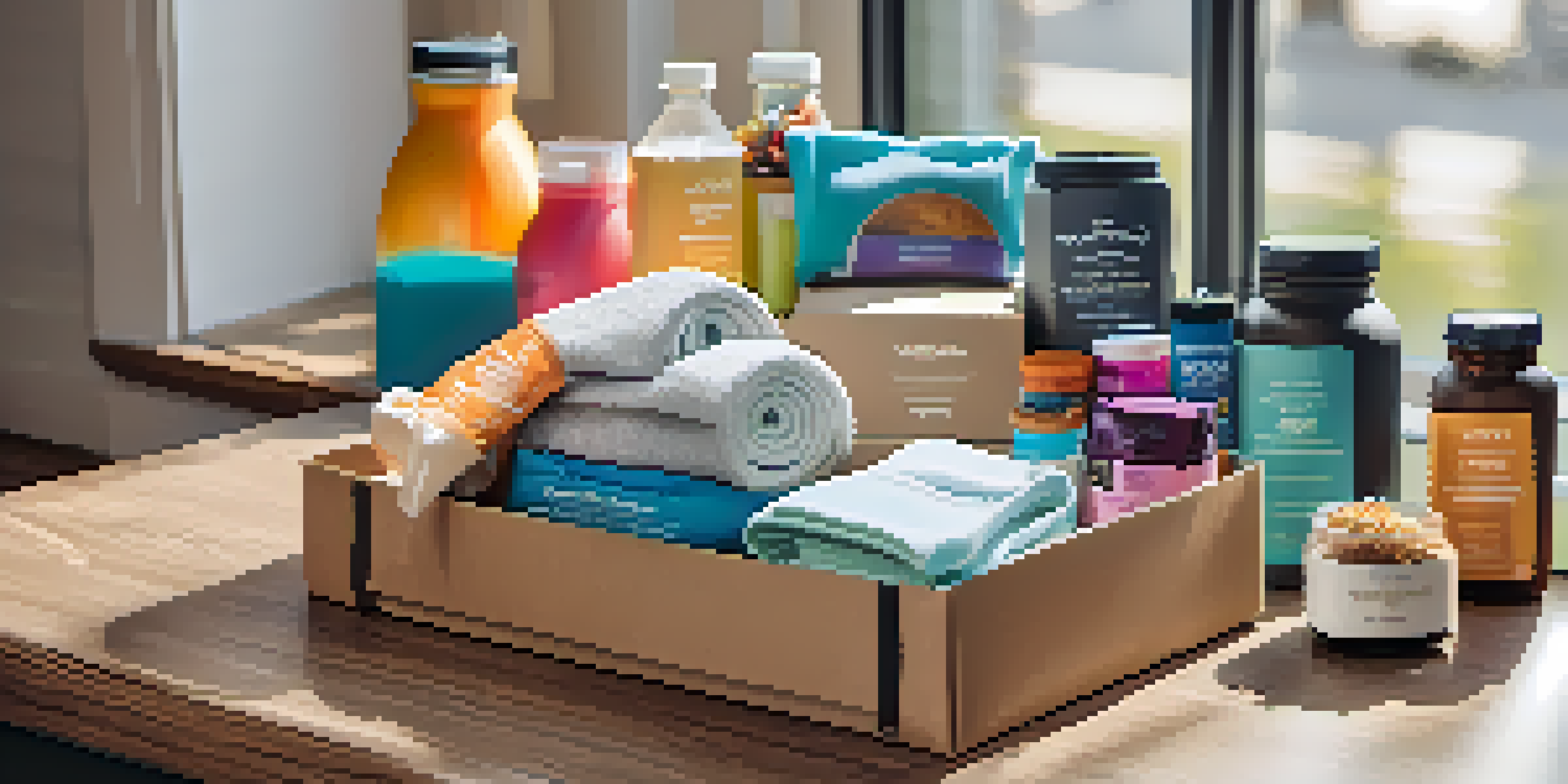 A luxury fitness subscription box filled with activewear, fitness gadgets, and snacks on a wooden table, illuminated by soft natural light.