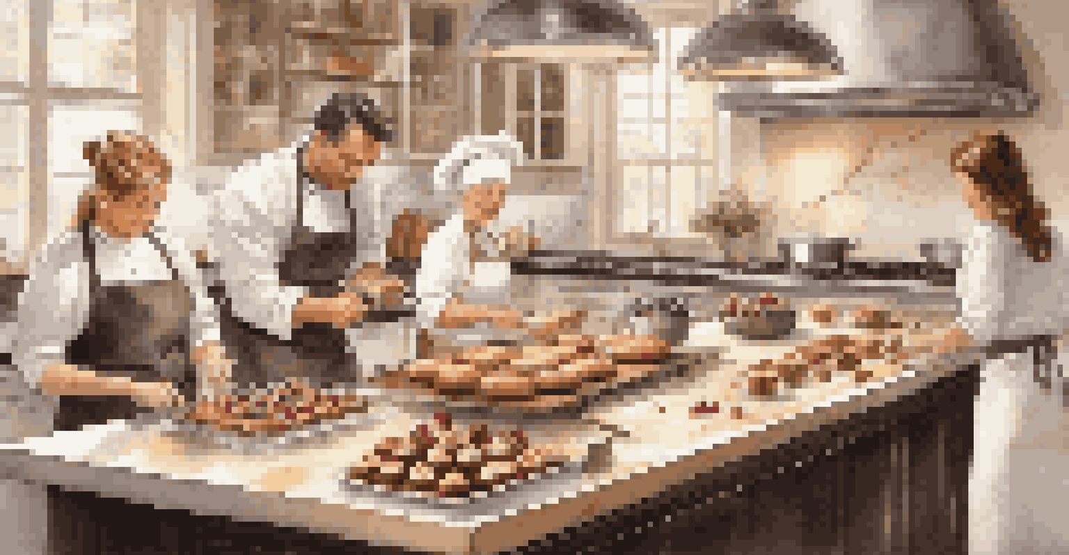 A professional chef teaching a family how to make pastries in a modern, luxurious kitchen filled with high-quality ingredients.