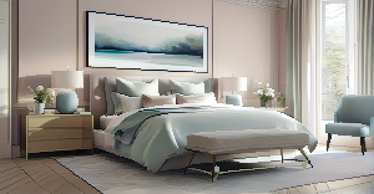 A tranquil bedroom decorated with soft pastel abstract artworks and a comfortable bed, bathed in gentle morning light.