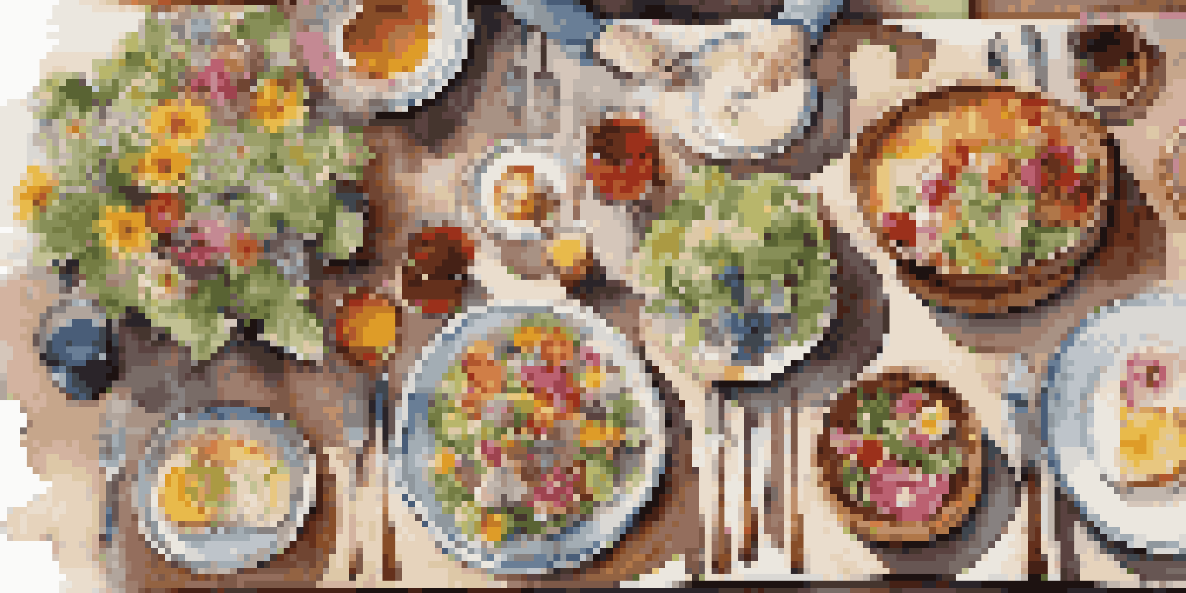 An overhead view of a rustic wooden table featuring a variety of colorful dishes, fresh flowers, and soft natural light.