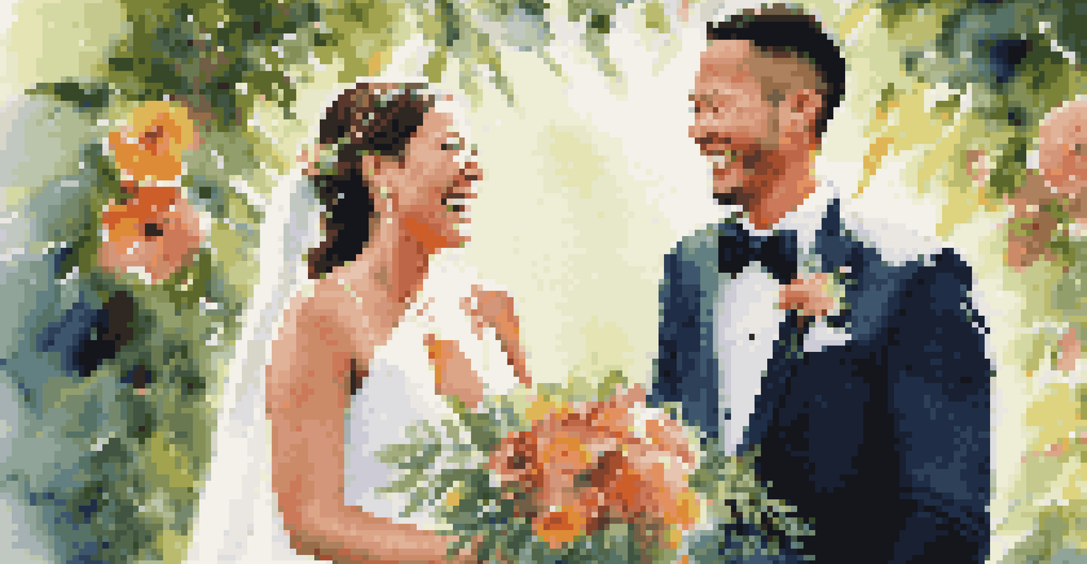 A joyful bride and groom laughing together during their wedding ceremony amidst greenery and flowers.