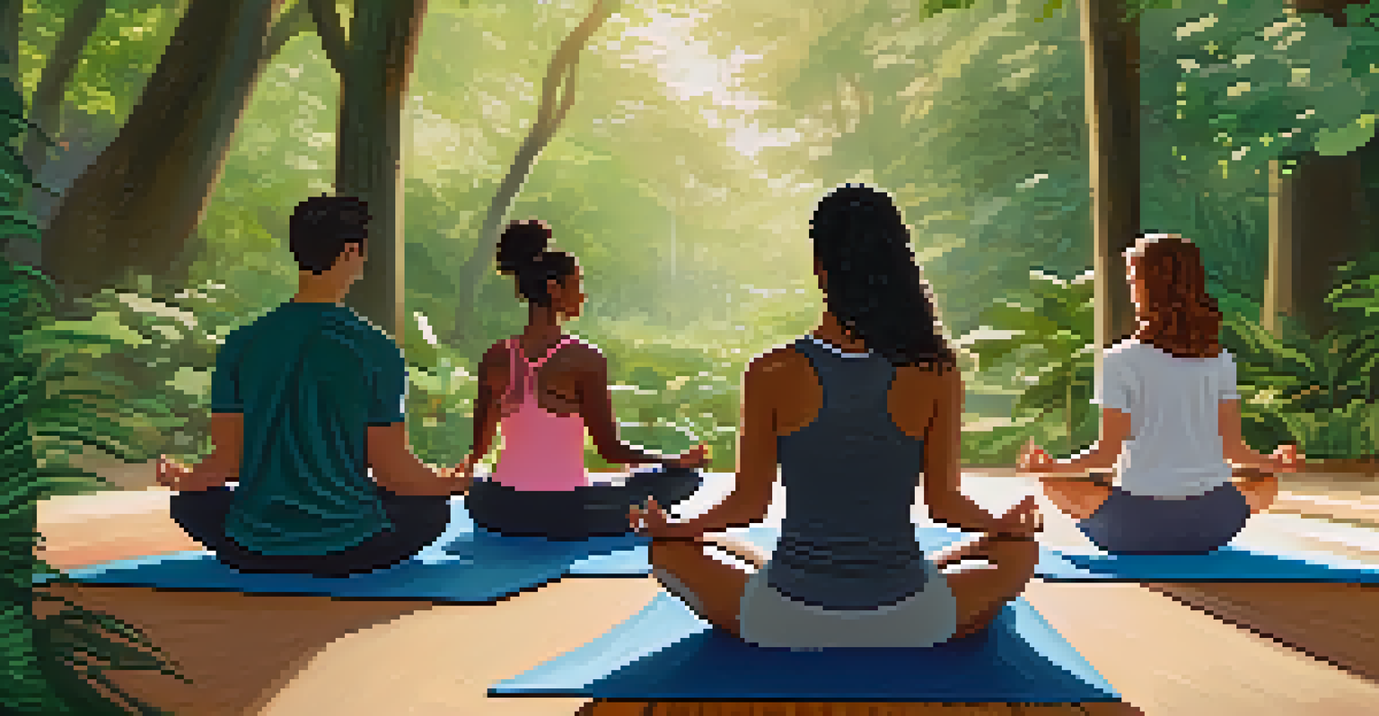 A diverse group of participants seated in a circle on soft mats, engaging in a guided meditation session surrounded by lush greenery and gentle sunlight.